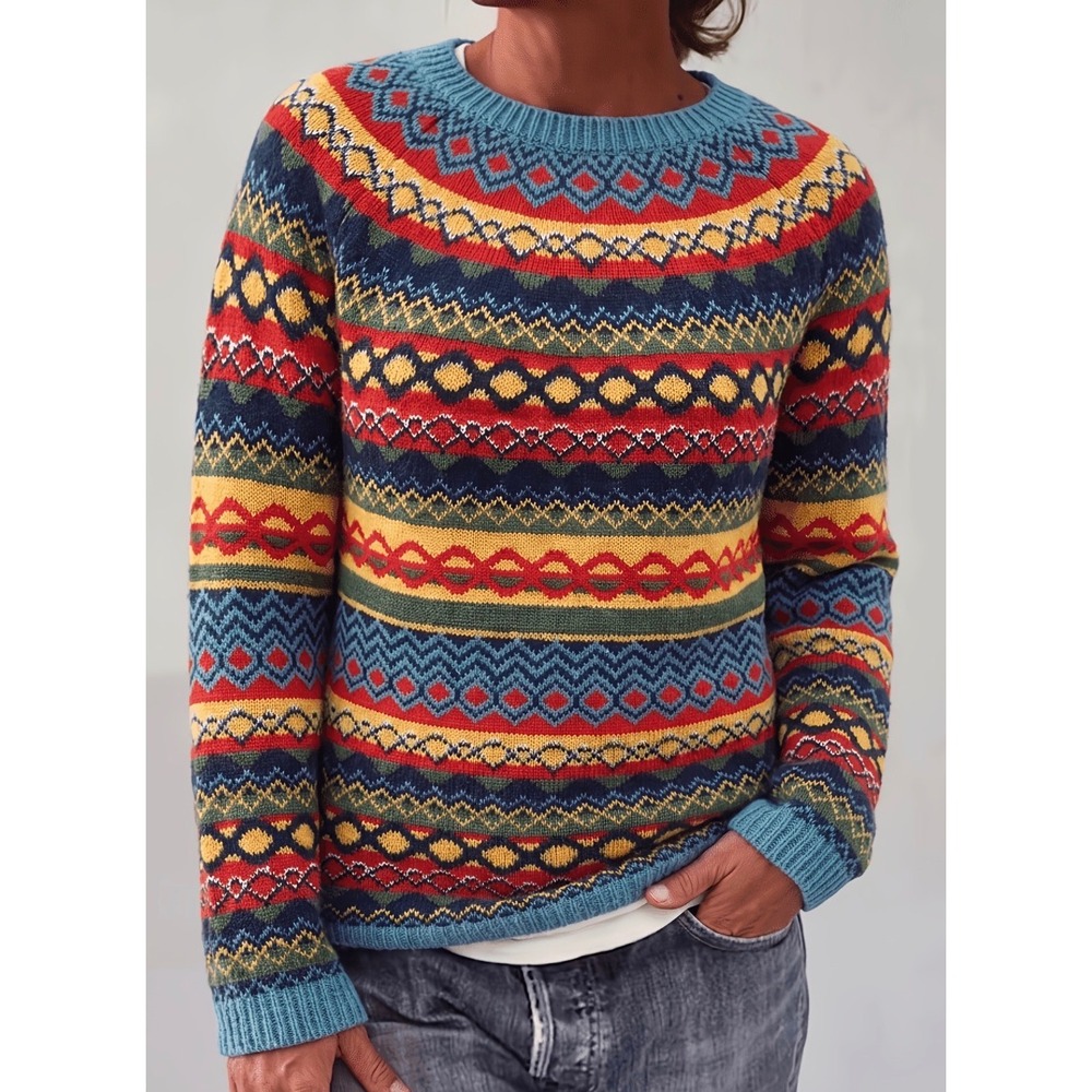 Womens Fair Isle Knit Sweater Multicolor Geometric Crew Neck Pullover Cozy XL